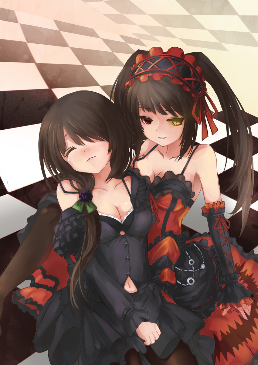 absurdres bare_shoulders black_hair black_legwear breasts checkered checkered_floor cleavage clock_eyes closed_eyes date_a_live dress dual_persona hairband heterochromia highres lolita_fashion lolita_hairband long_hair looking_at_viewer medium_breasts navel off_shoulder pantyhose parted_lips red_eyes smile symbol-shaped_pupils tokisaki_kurumi twintails yellow_eyes zxhautumn