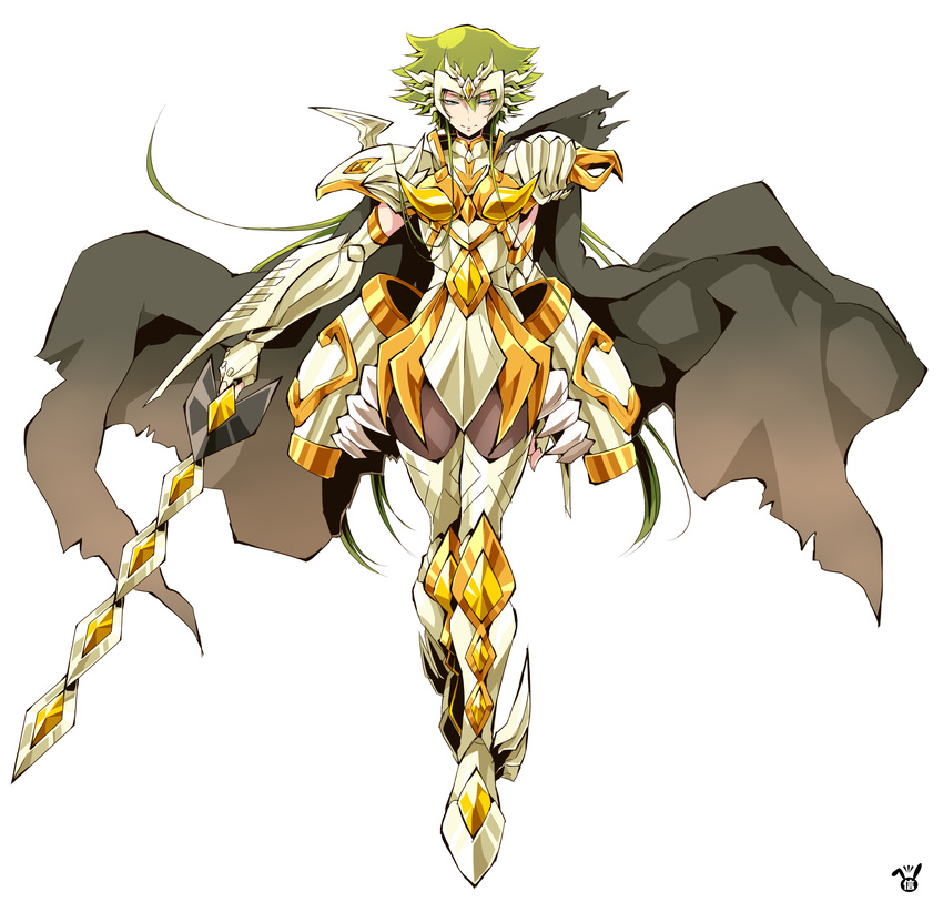 absurdres arai_nobu armor bad_id bad_pixiv_id blue_eyes cape gallia_(saint_seiya_omega) green_hair highres long_hair looking_at_viewer saint_seiya saint_seiya_omega simple_background smile solo sword weapon white_background