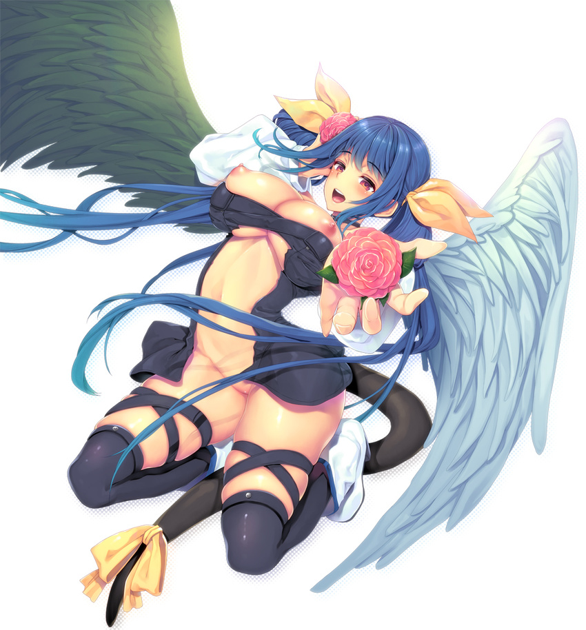 asymmetrical_wings bad_id bad_pixiv_id black_wings blue_hair blush breasts choker dizzy flower guilty_gear hair_ribbon highres large_breasts long_hair navel nipples ookami_ryousuke open_mouth pink_flower pink_rose red_eyes revealing_clothes ribbon rose simple_background smile solo tail tail_ribbon thighhighs twintails white_background white_wings wings