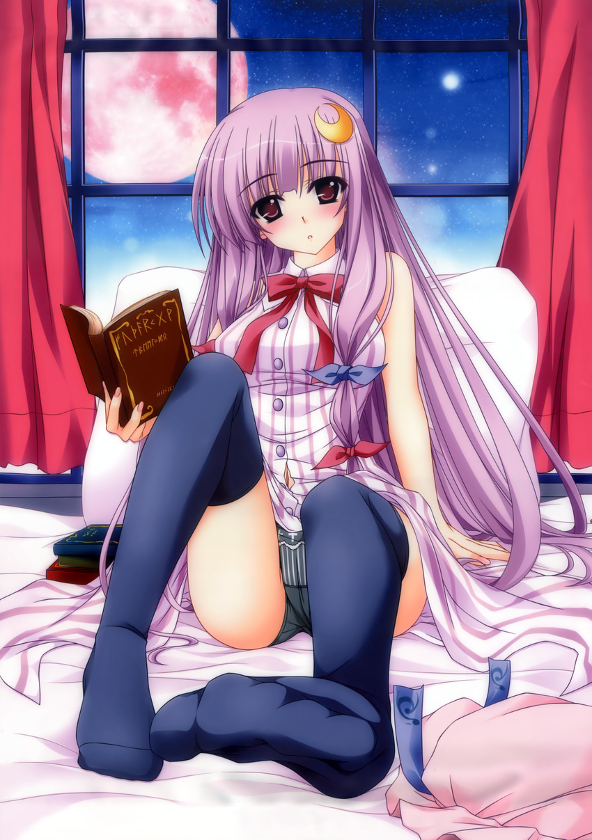 absurdres aoi_hiro bare_shoulders black_legwear black_panties blush book breasts crescent crescent_hair_ornament curtains feet full_moon hair_ornament hat hat_removed headwear_removed highres large_breasts long_hair looking_at_viewer moon navel night on_bed panties pantyshot patchouli_knowledge pillow pov_feet purple_eyes purple_hair red_moon ribbon runes sky socks soles solo star_(sky) starry_sky thighhighs toes touhou underwear window