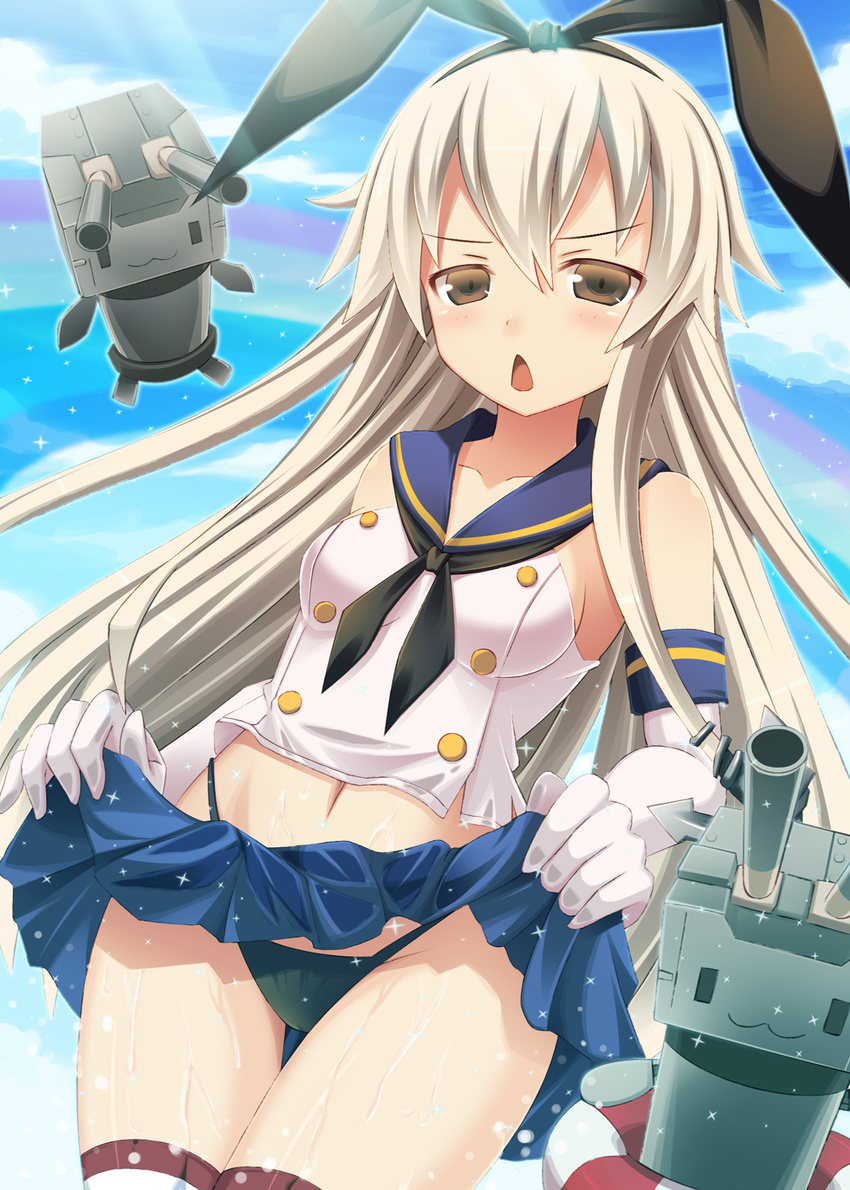 :3 black_panties blonde_hair blush brown_eyes elbow_gloves gloves hairband highres kantai_collection lifebuoy long_hair navel panties rainbow rensouhou-chan shimakaze_(kantai_collection) skirt skirt_lift striped striped_legwear thighhighs underwear usaginezumi white_gloves