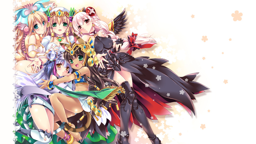 :d animal_ears armor bastet_(p&amp;d) black_dress black_legwear blonde_hair braid breasts cat_ears cat_tail cleavage covered_nipples crown dark_skin dark_valkyrie_(p&amp;d) dress freyja_(p&amp;d) full_body greaves green_eyes grey_hair hair_ornament haku_(p&amp;d) highres large_breasts legs looking_at_viewer multiple_girls open_mouth panties pantyshot puzzle_&amp;_dragons sakurano_tsuyu sakuya_(p&amp;d) side_slit sidelocks simple_background smile standing tail thighhighs thighs tiger_ears tiger_tail underwear valkyrie valkyrie_(p&amp;d) white_background wings zettai_ryouiki