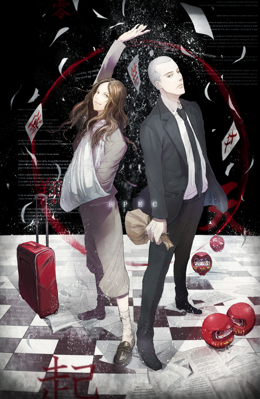 1girl absurdres arm_sling bad_id bad_pixiv_id bandages brown_hair buzz_cut cast daruma_doll formal highres long_hair necktie nolife paper sebumi_takeru short_hair spec suitcase touma_saya