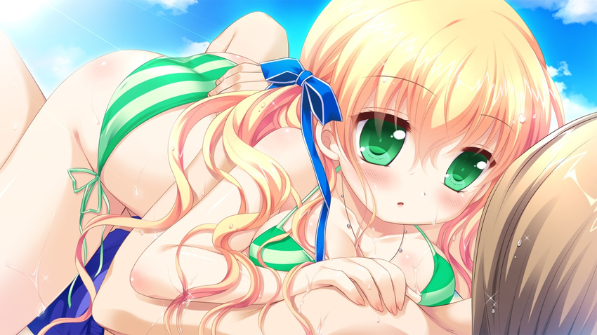 1boy 1girl bikini blonde_hair blush breasts brown_hair elaria_astraea game_cg green_eyes hhg_megami_no_shuuen jewelry large_breasts long_hair miyasu_risa nanase_meruchi necklace sakurazawa_izumi short_hair swimsuit thighhighs twintails