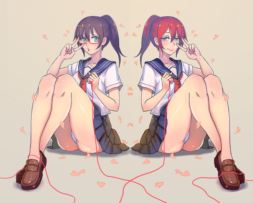 ass bad_id bad_pixiv_id blue_eyes brown_hair glasses loafers multiple_girls no_socks original othel_(hatimorris) panties pantyshot pantyshot_(sitting) petals ponytail pursed_lips red_hair red_string school_uniform serafuku shoes sitting skirt string underwear upskirt v