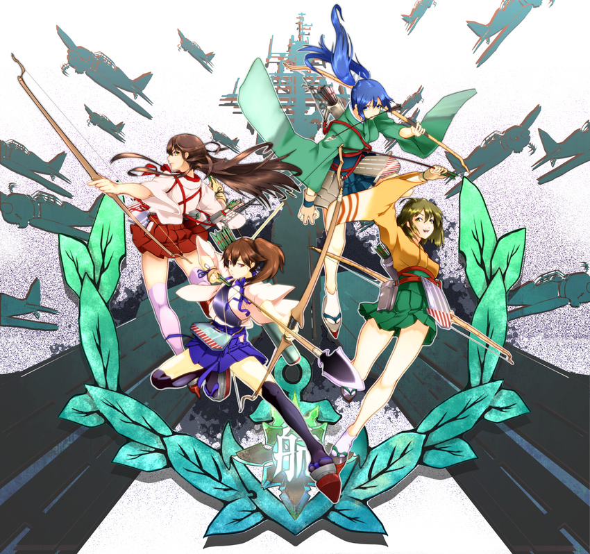 a6m_zero aircraft aircraft_carrier airplane akagi_(kantai_collection) arrow big.g black_hair black_legwear blue_hair blush bow_(weapon) breasts brown_eyes brown_hair gloves highres hiryuu_(kantai_collection) japanese_clothes kaga_(kantai_collection) kantai_collection long_hair medium_breasts military military_vehicle multiple_girls muneate open_mouth partly_fingerless_gloves quiver ribbon ship short_hair side_ponytail skirt smile souryuu_(kantai_collection) thighhighs twintails warship watercraft weapon white_legwear yugake