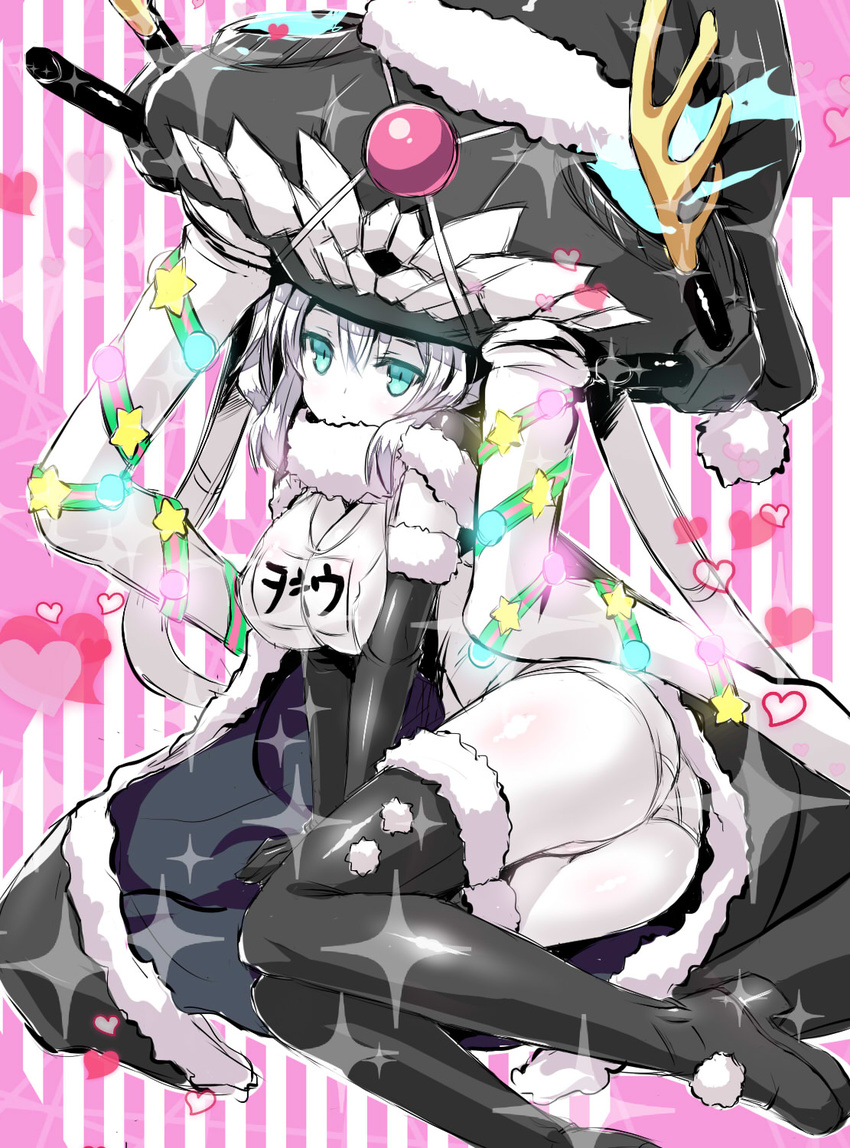 akaza antlers ass black_legwear blue_eyes boots breasts cape hat heart highres kantai_collection large_breasts looking_at_viewer one-piece_swimsuit red_nose reindeer_antlers santa_hat school_swimsuit shinkaisei-kan solo star swimsuit thigh_boots thighhighs white_school_swimsuit white_swimsuit wo-class_aircraft_carrier