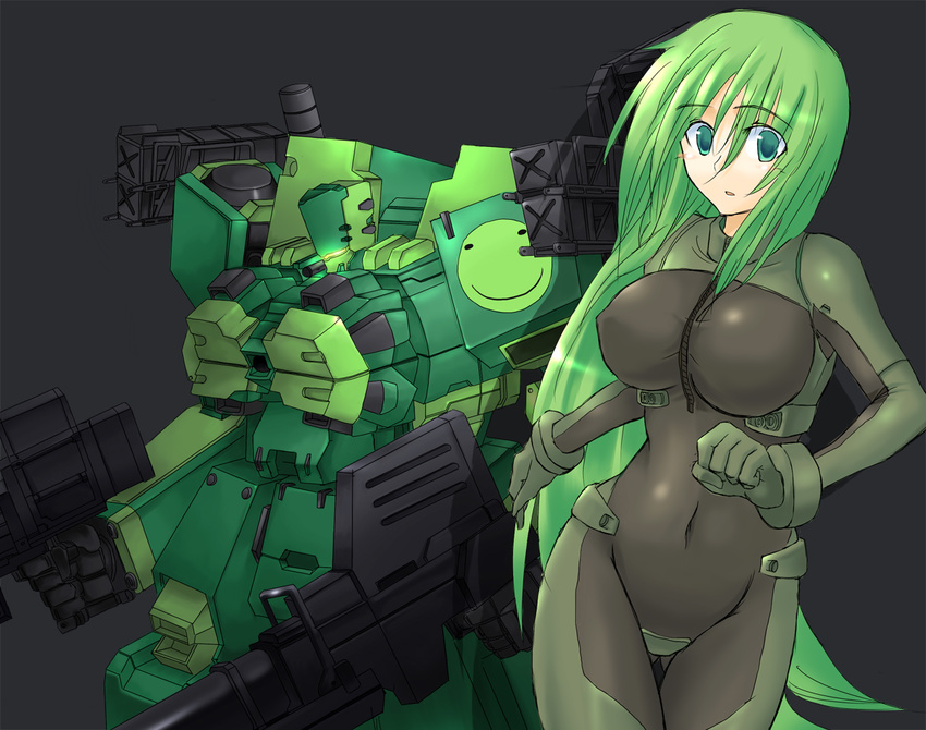 armored_core armored_core:_for_answer bodysuit breasts green_eyes green_hair impossible_clothes impossible_shirt large_breasts long_hair may_greenfield mecha ment merrygate navel shirt skin_tight