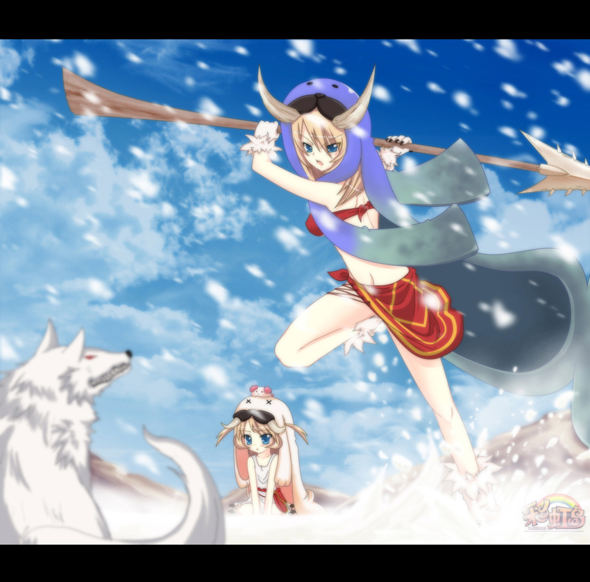 attack auer bad_id bad_pixiv_id bikini_top blonde_hair blue_eyes choky dress latale letterboxed mountain multiple_girls paws pelt polearm seal selki shaggy_(latale) skirt snow spear walrus weapon wolf