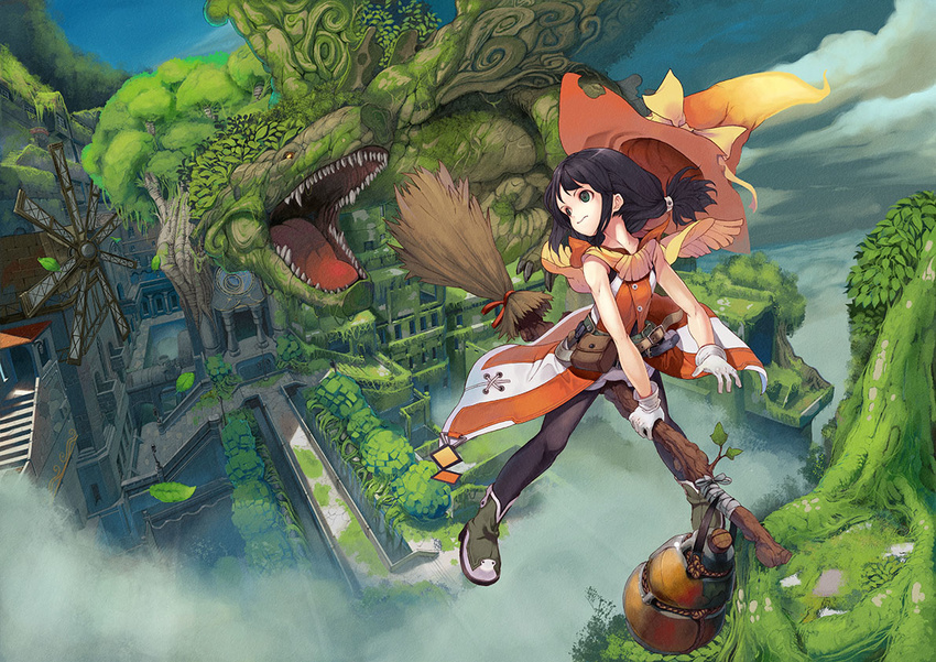 broom broom_riding city dragon flying gloves hat monster nature original pantyhose saitou_takeo solo witch witch_hat
