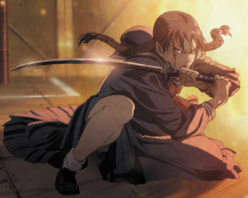 1280x1024 blood blood_the_last_vampire fire katana otonashi_saya school_uniform seifuku sword weapon