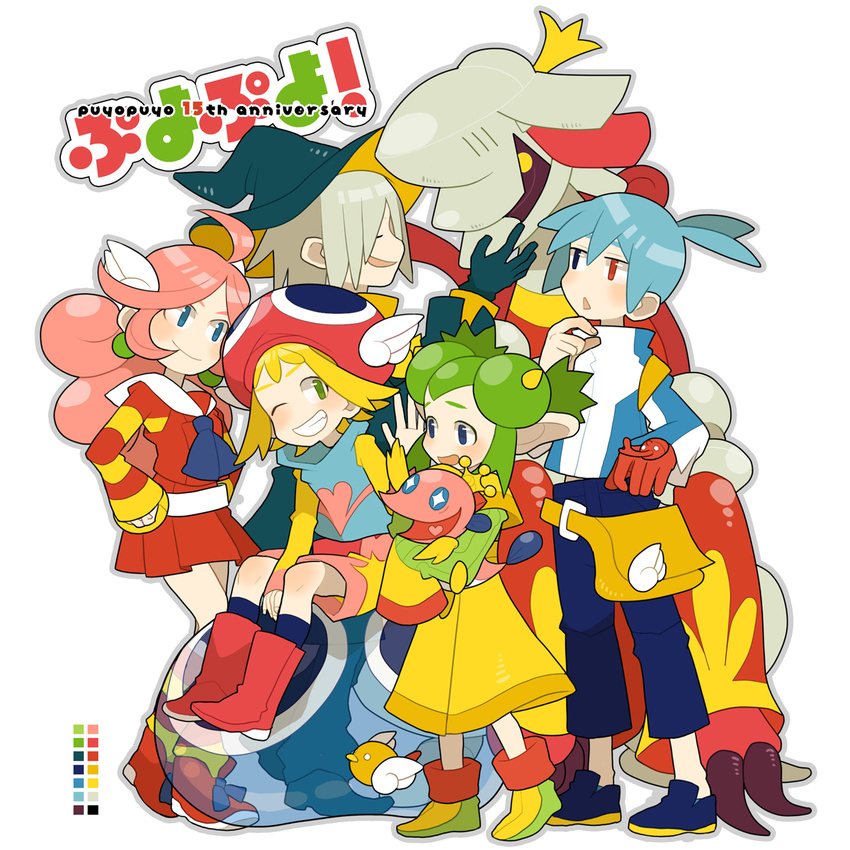 4boys ahoge amitie_(puyopuyo) bad_id bad_pixiv_id bag baldanders_(puyopuyo) bird blob blonde_hair blue_eyes blue_hair boots capri_pants creature crown curly_hair earrings english gloves green_eyes green_hair grey_hair grin haruo_(clownberry) hat heart heart_in_mouth heterochromia highres hood horns jewelry kneehighs lemres_(puyopuyo) looking_at_another messenger_bag miniskirt multiple_boys multiple_girls ocean_prince one_eye_closed pants pink_hair pleated_skirt pointy_ears puyo_(puyopuyo) puyopuyo puyopuyo_fever raffine_(puyopuyo) red_eyes rider_(puyopuyo) shoes shorts shoulder_bag sig_(puyopuyo) single_glove sitting skirt sleeves_past_wrists smile sneakers socks sonic_team standing white_background witch_hat