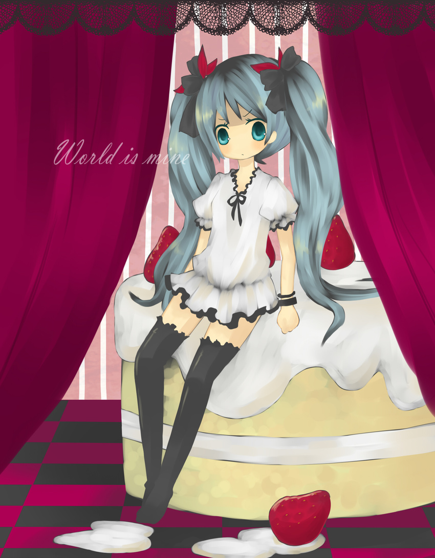 aqua_hair bad_id bad_pixiv_id cake checkered checkered_floor food fruit hatsune_miku highres kage_(mochiko65) long_hair pastry perspective solo strawberry thighhighs twintails vocaloid world_is_mine_(vocaloid) zettai_ryouiki