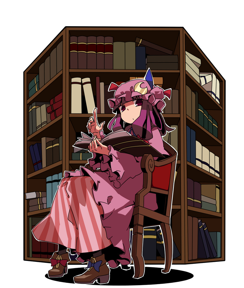 ankle_boots book bookshelf boots bow chair crescent crescent_hair_ornament dress epurasu full_body hair_bow hair_ornament hat hat_ribbon highres index_finger_raised long_hair long_sleeves looking_at_viewer mob_cap open_book patchouli_knowledge purple_eyes purple_hair ribbon robe shadow sidelocks simple_background sitting solo striped striped_dress touhou white_background