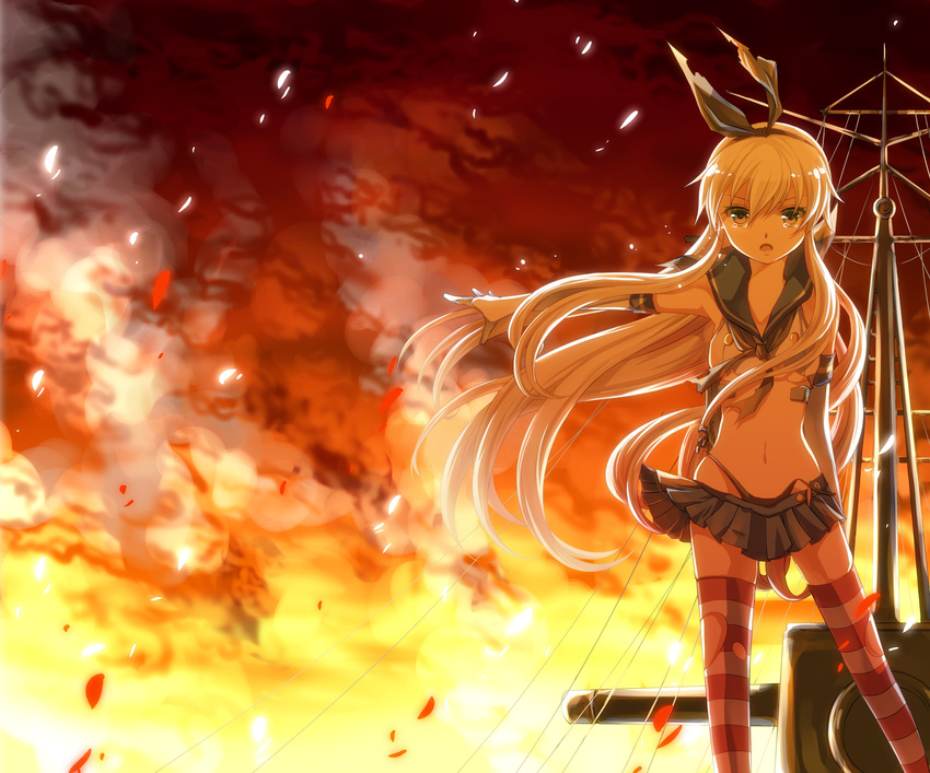 absurdres anchor bad_id bad_pixiv_id blonde_hair elbow_gloves fire gloves hair_ornament hair_ribbon highres iroha_(shiki) kantai_collection long_hair looking_at_viewer machinery midriff navel open_mouth panties ribbon shimakaze_(kantai_collection) smoke solo striped striped_legwear tears thighhighs torn_clothes turret underwear yellow_eyes