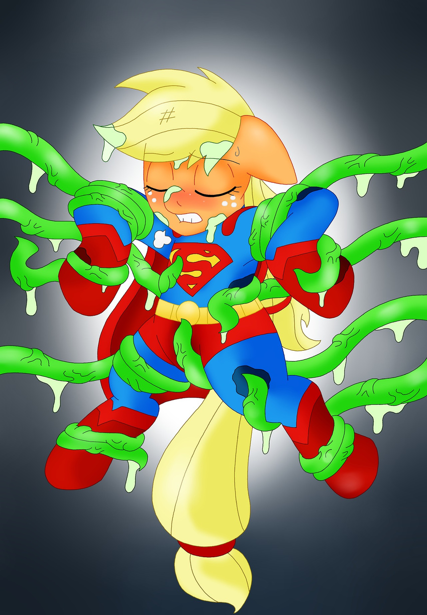 blackbewhite2k7 blonde_hair blush bound cape clothing cosplay equine eyes_closed female forced freckles friendship_is_magic hair horse mammal my_little_pony pony rape solo superman tentacle_rape tentacles