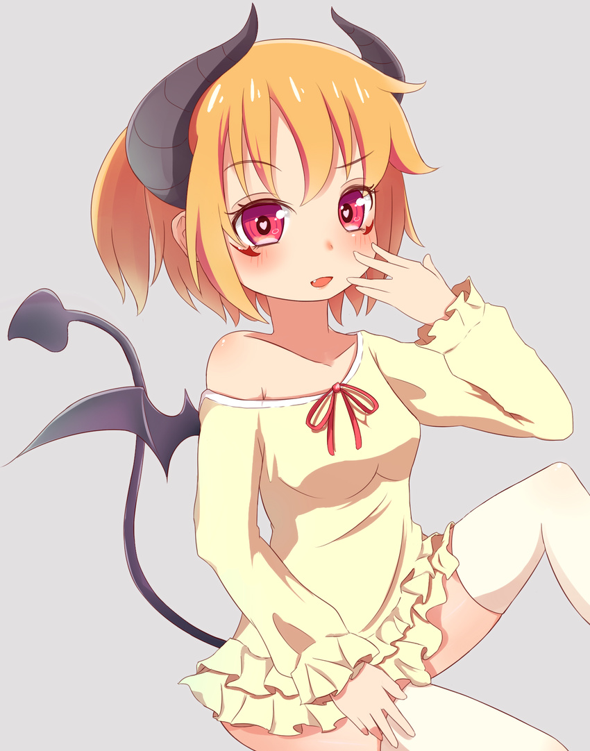 brown_hair cupen demon_horns demon_tail facial_mark fang hand_on_own_cheek highres horns open_mouth original red_eyes short_hair solo tail thighhighs wings