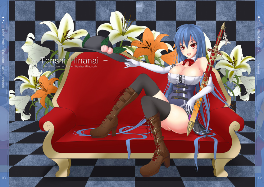 alternate_costume bad_id bad_pixiv_id bare_shoulders black_legwear blue_hair boots breasts character_name copyright_name flower gmot hat hat_ribbon hinanawi_tenshi large_breasts long_hair red_eyes ribbon scarlet_weather_rhapsody sheath sheathed sitting solo sword thighhighs touhou very_long_hair weapon