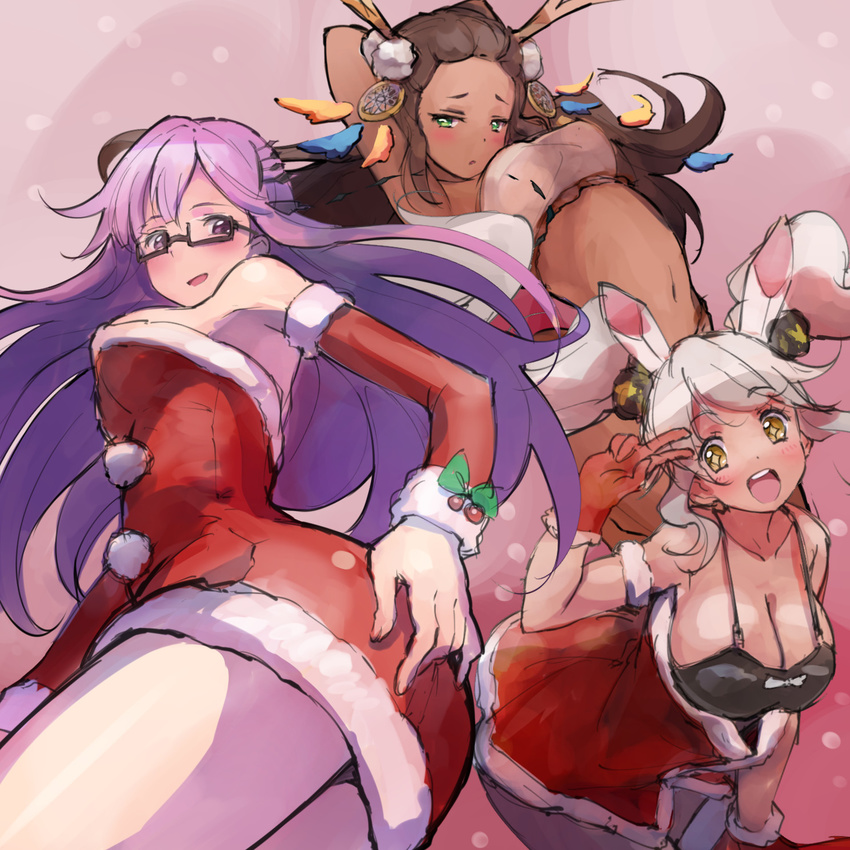3girls :d antlers blush breasts brown_hair christmas cleavage dark_skin detached_sleeves dress fantasista_doll glasses gloves green_eyes hair_ornament hand_on_ass highres large_breasts long_hair madeleine_(fantasista_doll) mazon multiple_girls navel nyama open_mouth ponpon_(fantasista_doll) purple_eyes purple_hair red_gloves reindeer_antlers santa_costume silver_hair sketch smile v yellow_eyes