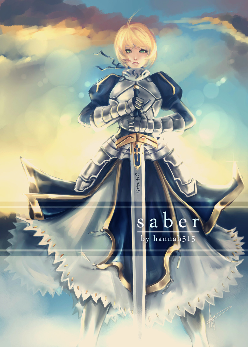 ahoge armor armored_dress artoria_pendragon_(all) blonde_hair breastplate excalibur fate/stay_night fate_(series) faulds gauntlets green_eyes hair_ribbon hannah_santos highres lips long_skirt ribbon saber short_hair skirt solo sword weapon