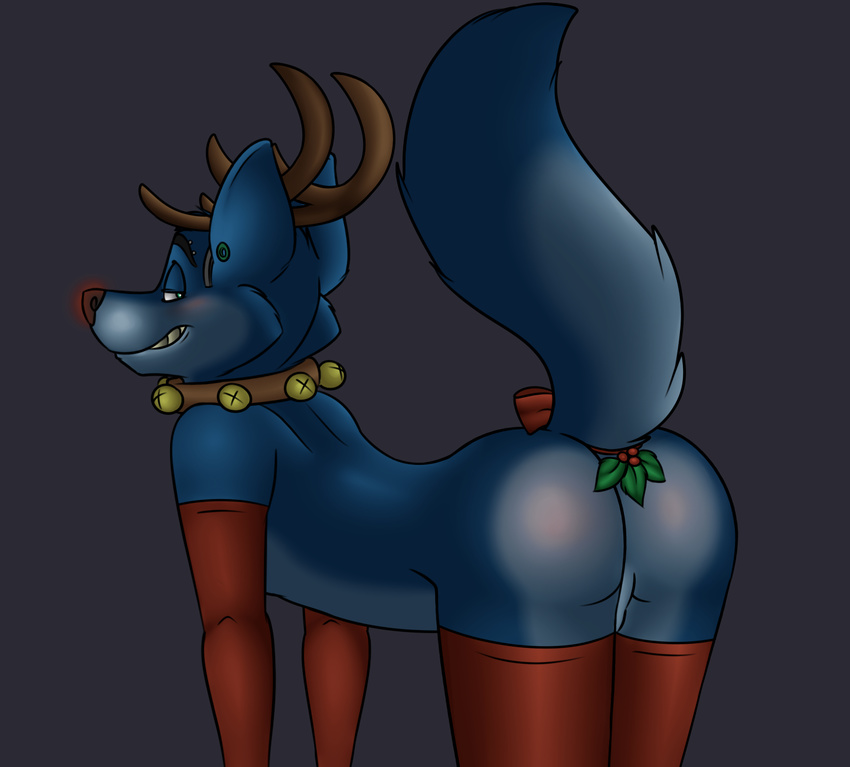 balls blue_fur butt canine christmas crossdressing fur green_eyes holidays horn male mammal piercing presenting presenting_hindquarters red_nose robbie rotten_robbie solo wolf
