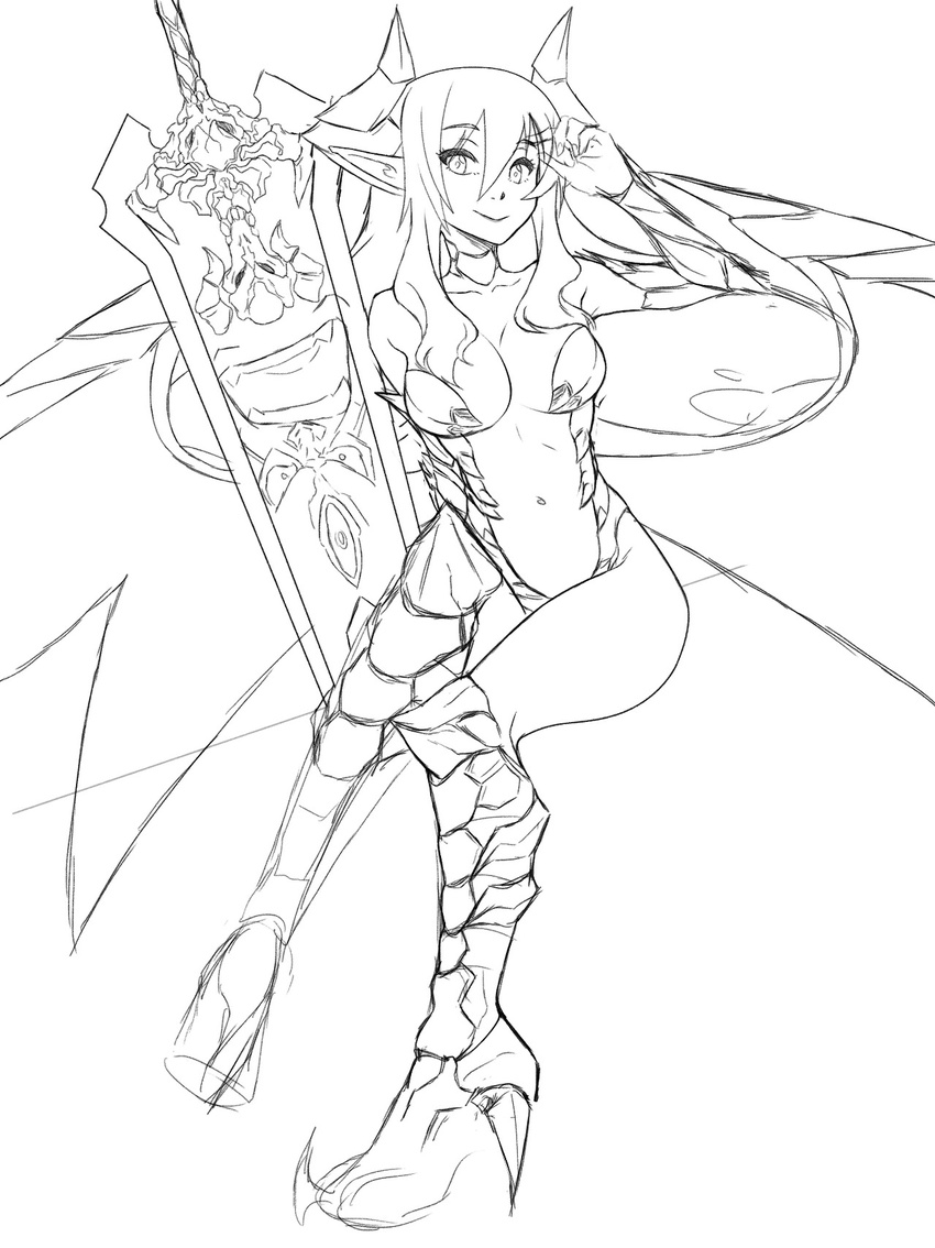 boots breasts center_opening choker cleavage demon_girl demon_horns detached_sleeves fearless_night greyscale hell_princess high_heel_boots high_heels highres horns knee_boots large_breasts low_wings md5_mismatch monochrome navel pigeon-toed pointy_ears sketch smile spike_wible sword weapon wings