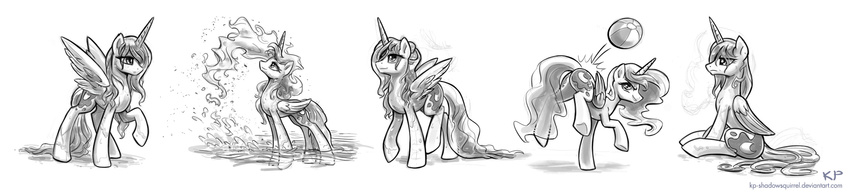 ball beach_ball black_and_white cutie_mark dripping equine female friendship_is_magic horn horse karol_pawlinski mammal monochrome my_little_pony plain_background pony princess_luna_(mlp) sitting standing water wet wet_hair white_background winged_unicorn wings