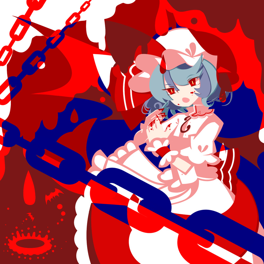 bat bat_wings blood blue_hair chain hat highres hijiri_(xxhizirixx) open_mouth red_eyes remilia_scarlet ribbon short_hair touhou wings