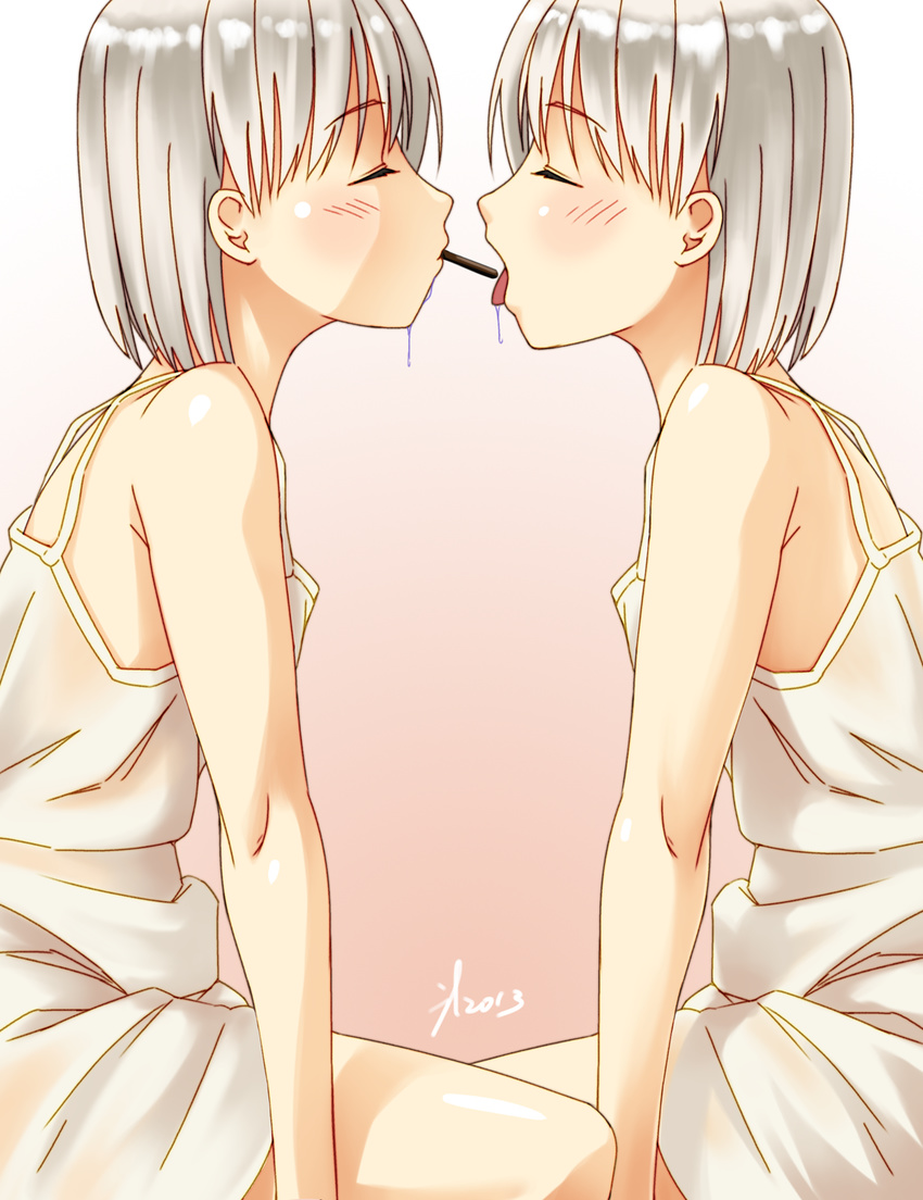 blush closed_eyes dress food highres imminent_kiss incest jakelian multiple_girls open_mouth original pocky pocky_kiss saliva shared_food short_hair siblings silver_hair sisters sitting tongue twincest twins yuri