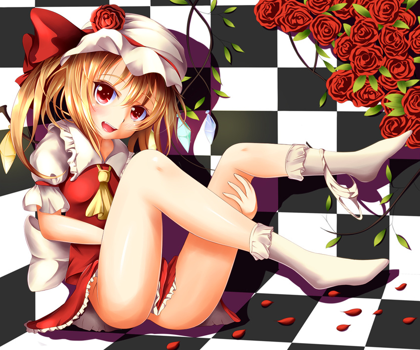 ascot blonde_hair blush checkered checkered_background checkered_floor crystal flandre_scarlet flower hat hat_flower hat_ribbon open_mouth panties panties_around_one_leg puffy_short_sleeves puffy_sleeves red_eyes red_flower red_rose ribbon rose shadow short_hair short_sleeves side_ponytail skirt smile solo takamichis211 touhou underwear vest white_panties wings