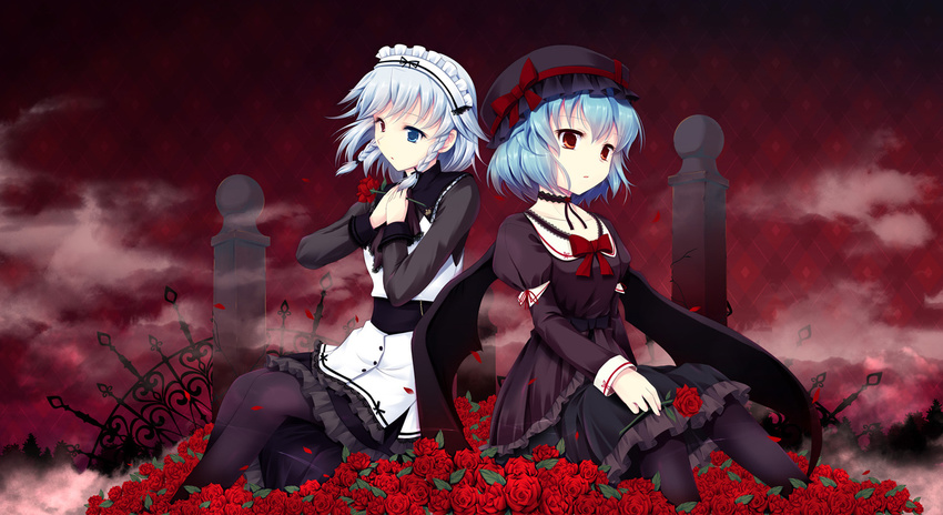 bat_wings blue_eyes blue_hair braid cetera flower hat heterochromia izayoi_sakuya maid maid_headdress multiple_girls red_eyes remilia_scarlet rose short_hair silver_hair touhou twin_braids wings