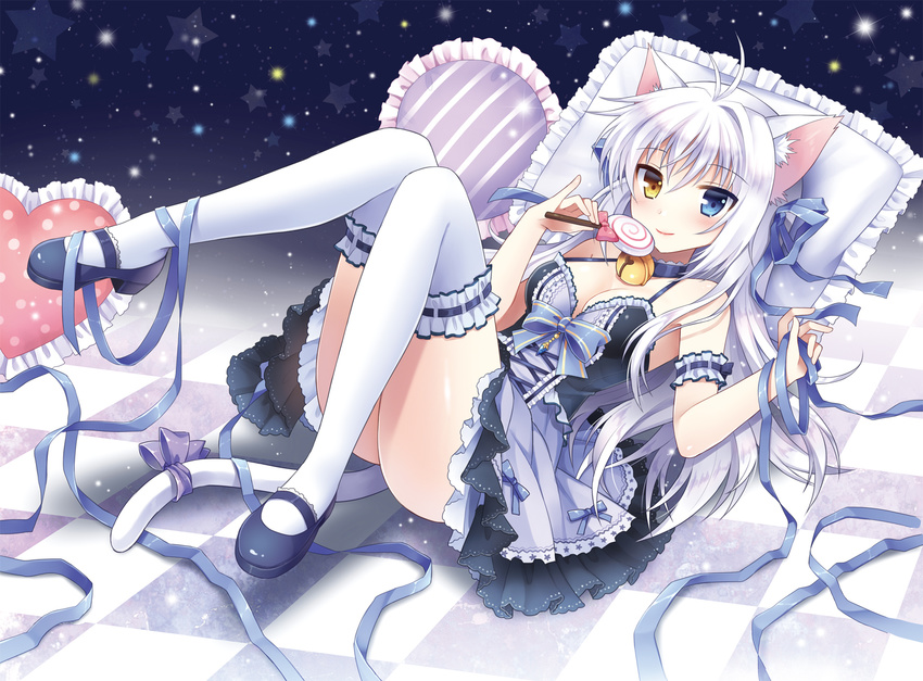 aina_rive animal_ears antenna_hair arm_garter bare_shoulders bell bell_choker blue_eyes blush bow breasts candy cat_ears cat_tail choker cleavage dress food frilled_pillow frills heterochromia highres jingle_bell lollipop long_hair looking_at_viewer mary_janes mauve medium_breasts original pillow ribbon shoes silver_hair smile solo tail tail_bow thighhighs yellow_eyes