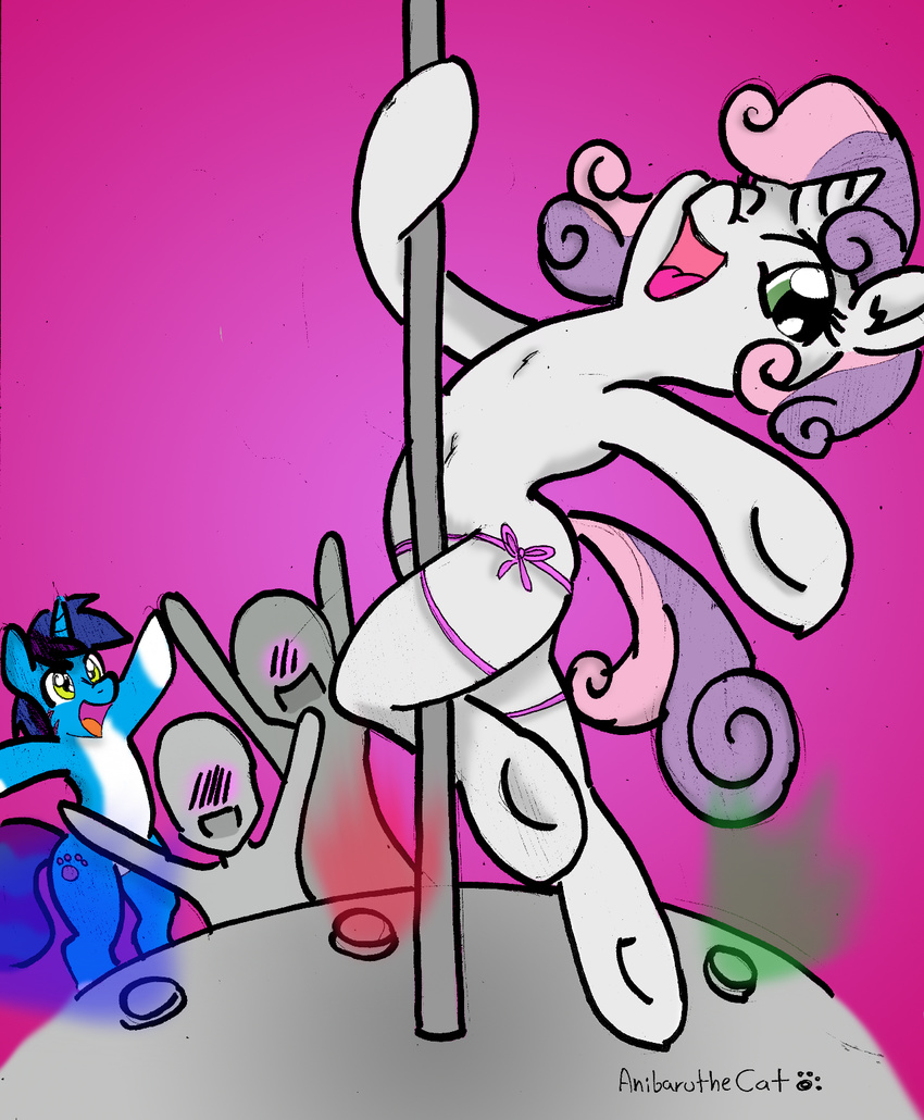 anibaruthecat cub cutie_mark dancing equine female feral friendship_is_magic fur group hair horn horse human inside legwear long_hair male mammal monochrome my_little_pony one_eye_closed open_mouth original_character pole pole_dancing pony sketch smile stockings sweetie_belle_(mlp) tongue toony unicorn wink young