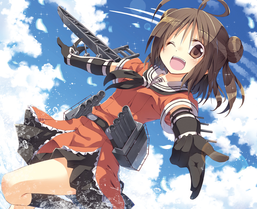 ;d antenna_hair brown_eyes brown_hair cloud day double_bun gloves kantai_collection lens_flare looking_at_viewer machinery naka_(kantai_collection) ocean one_eye_closed open_mouth satou_kibi sea_spray sky smile solo turret water
