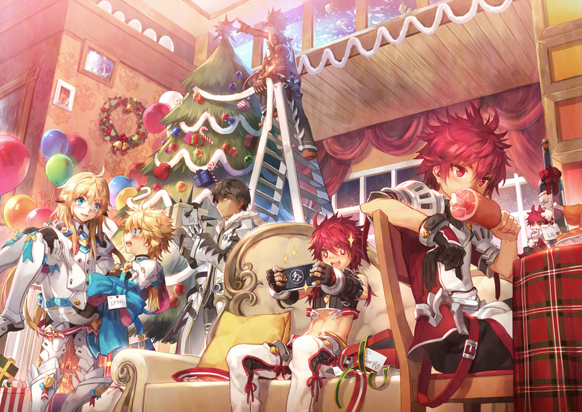 armor balloon bandages bell black_hair blade_master_(elsword) blonde_hair blue_eyes blush boned_meat bottle candy candy_cane carrying character_doll christmas christmas_tree chung_seiker coat couch deadly_chaser_(elsword) dual_persona eating elsword elsword_(character) fingerless_gloves food gift gloves happy highres iron_paladin_(elsword) ladder long_hair lord_knight_(elsword) male_focus meat messy_hair midriff multiple_boys pants pillow princess_carry raven_(elsword) reckless_fist_(elsword) red_eyes red_hair rune_slayer_(elsword) scorpion5050 single_glove smile spikes surprised video_game wine_bottle wreath yellow_eyes