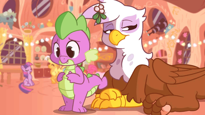 animated applejack_(mlp) avian blonde_hair blue_fur blush cowboy_hat cutie_mark dragon equine eyes_closed female friendship_is_magic fur gilda_(mlp) grey_eyes gryphon hair hat horn horse kissing lemonpuffs male mammal mistletoe multi-colored_hair my_little_pony orange_fur pegasus pink_fur pinkie_pie_(mlp) pony purple_fur rainbow_dash_(mlp) scalie spike_(mlp) toony twilight_sparkle_(mlp) two_tone_hair unicorn wings