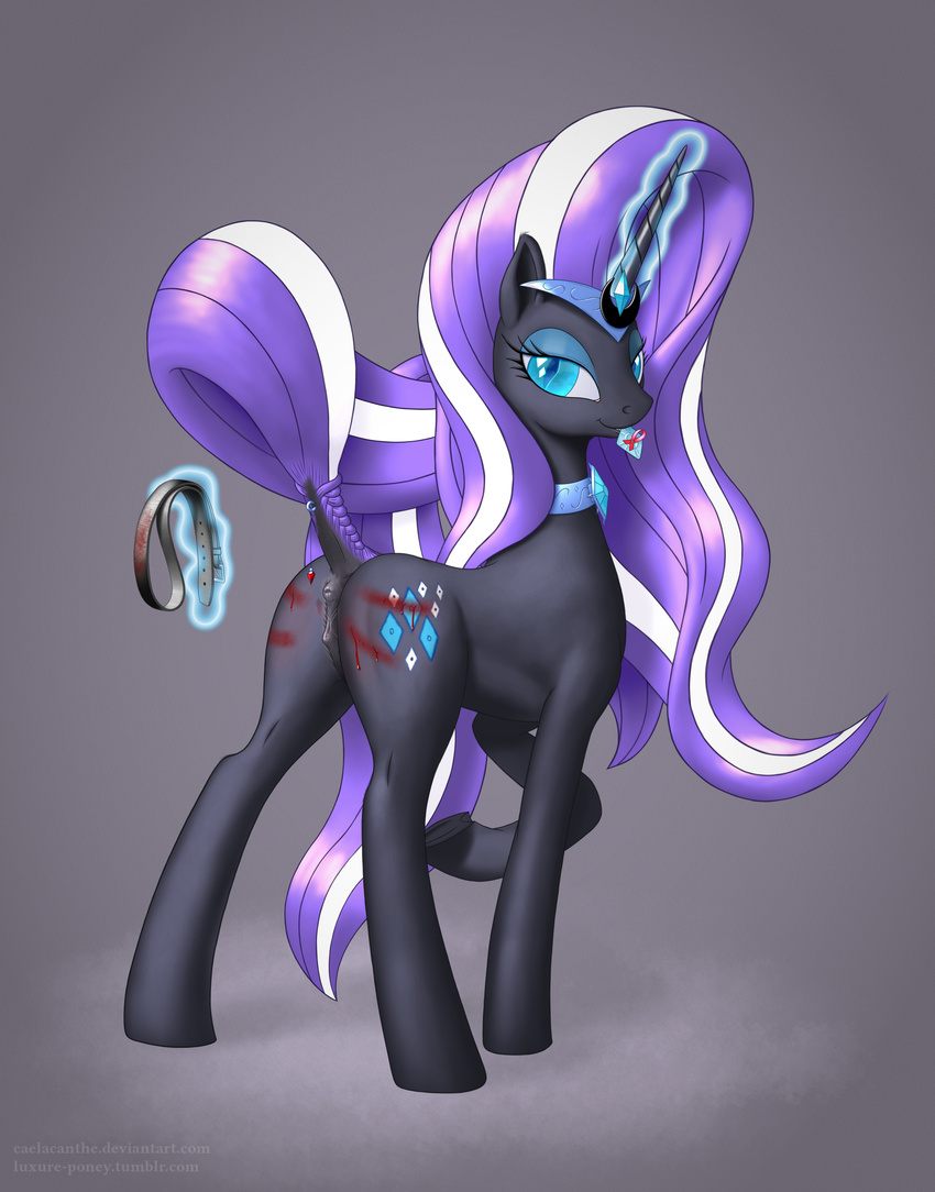 anatomically_correct anus bdsm belt blood caelacanthe condom cutie_mark equine female friendship_is_magic furry-specific_piercing horn horse it's_a_trap it's_a_trap levitation looking_at_viewer magic mammal masochism mouth_hold my_little_pony necklace nightmare_rarity_(mlp) pain piercing pony presenting pussy raised_tail solo unicorn whip_marks