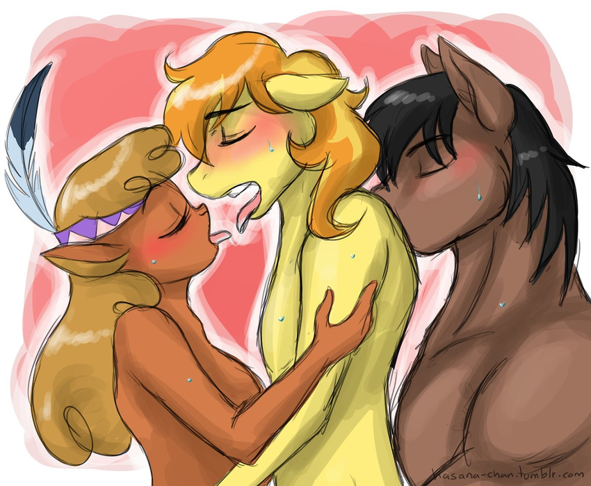 bisexual blush bovine braeburn_(mlp) buffalo equine eyes_closed female friendship_is_magic hasana-chan horse little_strongheart_(mlp) male mammal my_little_pony pony promontory_(mlp) sex sweat