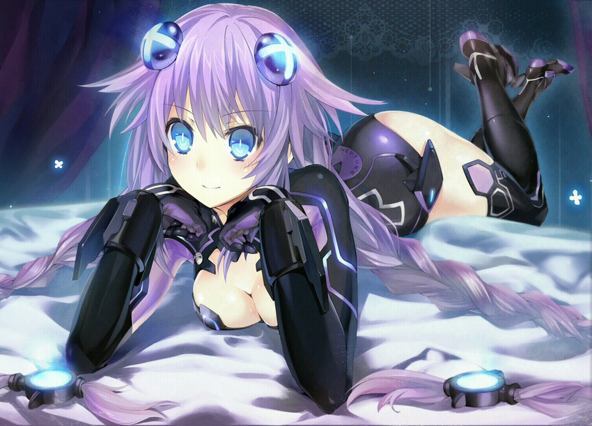 armor ass asskiler bangs bed black_legwear blue_eyes blush boots bracer braid breasts chin_rest cleavage cleavage_cutout clothes_writing crossed_legs curtains flipped_hair full_body gloves glowing hair_ornament headgear indoors lace large_breasts legs_up leotard light_smile long_hair looking_at_viewer lying magical_girl neon_trim neptune_(series) on_bed on_stomach power_symbol purple_hair purple_heart smile solo symbol-shaped_pupils texture thigh_boots thighhighs turtleneck twin_braids very_long_hair