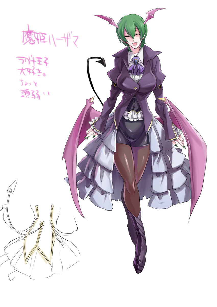 1girl arc_system_works bat_wings blazblue boots demon_tail dress_shirt eyes_closed female genderswap green_hair happy hazama head_wings highres jacket kaneaki_mukku miniskirt nail_polish open_mouth pantyhose shirt short_hair skirt solo tail white_shirt wings