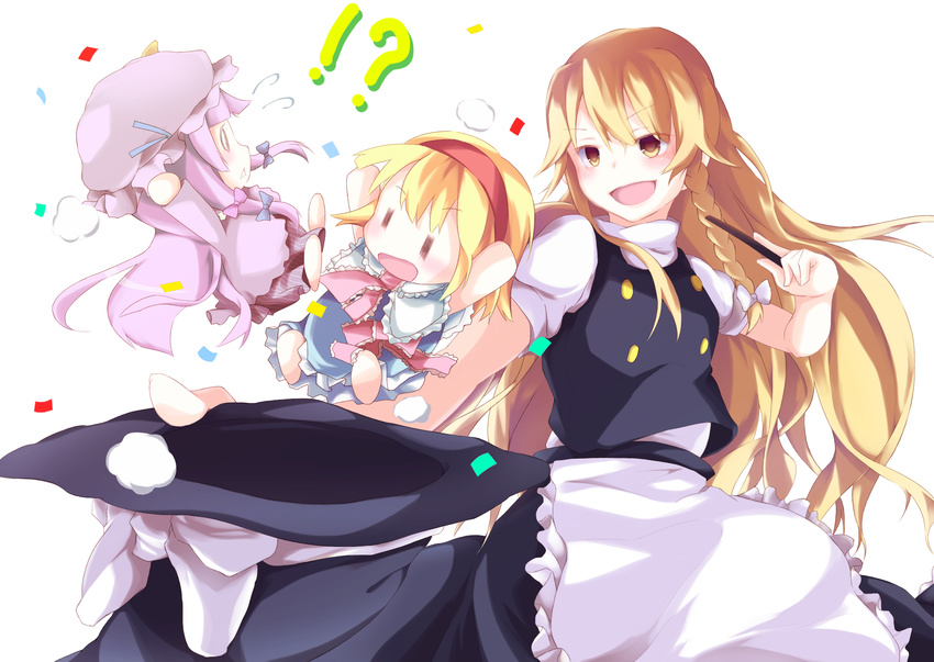 0_0 3girls :&lt; :d :o alice_margatroid blonde_hair braid chibi confetti hair_ribbon hairband hat hat_removed headwear_removed highres kirisame_marisa koshinaka-zz long_hair magic_trick multiple_girls open_mouth patchouli_knowledge purple_hair ribbon smile touhou triangle_mouth v-shaped_eyebrows wand witch_hat yellow_eyes ||_||