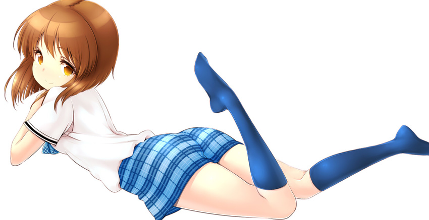 blue_legwear brown_eyes brown_hair dress_shirt hagiwara_yukiho idolmaster idolmaster_(classic) kneehighs leg_up lying no_shoes on_stomach plaid plaid_skirt rough_time_school school_uniform shirt short_hair skirt smile solo thighs zizi_(zz22)