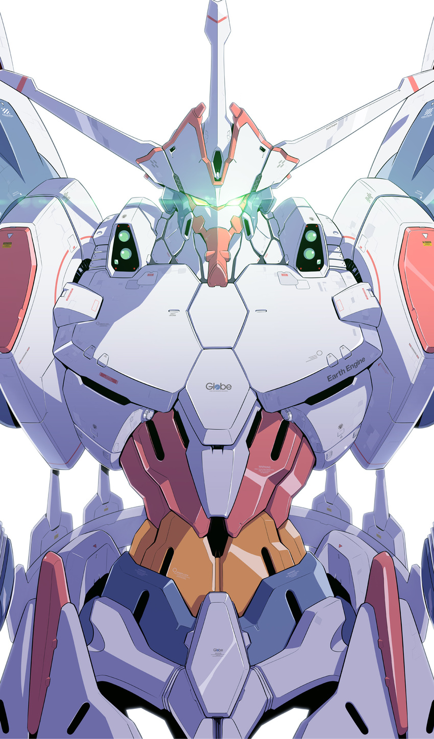 artist_request captain_earth earth_engine_impacter glowing glowing_eyes green_eyes highres looking_at_viewer machinery mecha no_humans simple_background white_background
