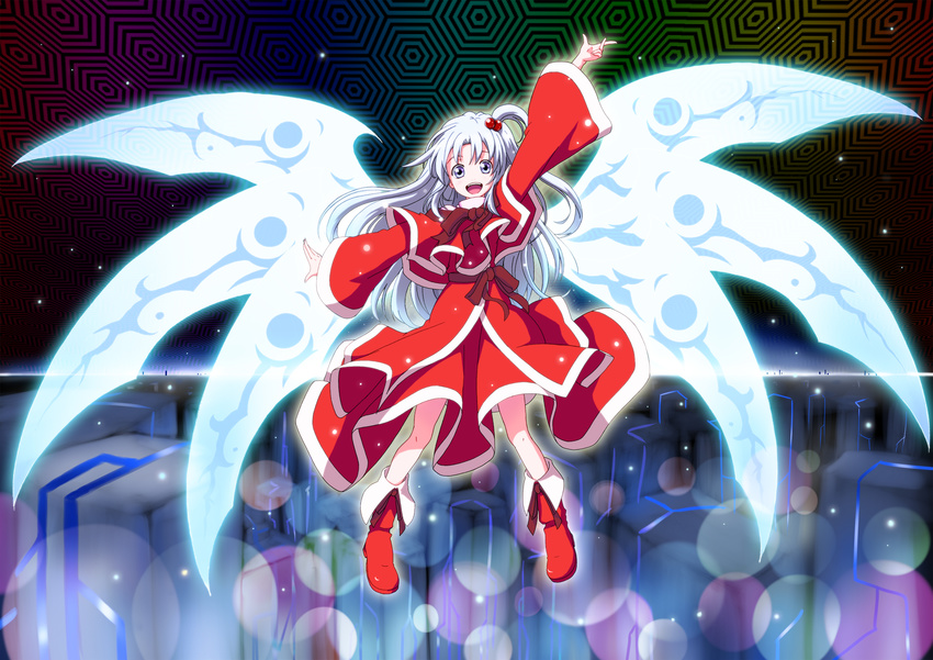 &lt;o&gt;_&lt;o&gt; :d arm_up boots capelet dress hair_bobbles hair_ornament highres honeycomb_(pattern) honeycomb_background layered_dress light_particles long_hair long_sleeves looking_at_viewer makai_(touhou) mystic_square open_mouth outstretched_arms red_capelet ribbon sachishiro_pengin shinki side_ponytail silver_eyes silver_hair smile solo touhou touhou_(pc-98) wings