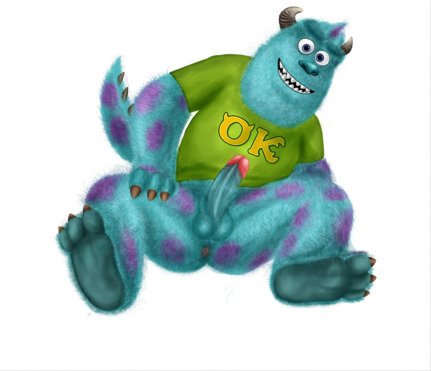 anus balls bottomless claws clothing disney erection fangs fluffy_fur fur hairy horn male monster monsters_inc monsters_university penis pixar plain_background shirt smile sulley toe_claws unknown_artist white_background