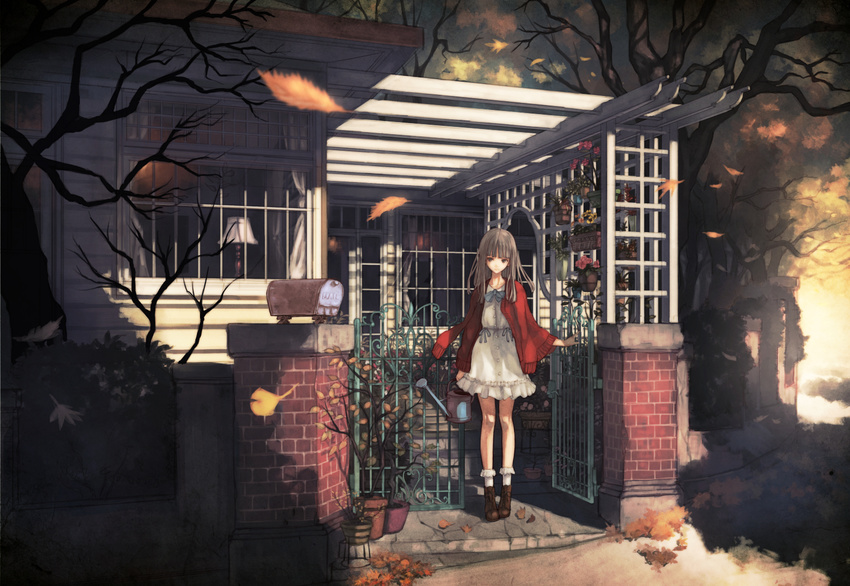 arm_at_side autumn autumn_leaves bangs bare_tree black_eyes black_hair blunt_bangs bobby_socks bow brick brown_footwear building bush cardigan dress eaves expressionless flower flower_pot gate highres holding house ironwork jacket_on_shoulders lamp layered_clothing leaf legs_together long_sleeves looking_at_viewer mailbox_(incoming_mail) motion_blur original outdoors plant potted_plant shoes short_dress socks solo standing sunlight sweater tree trellis wall watering_can white_dress white_legwear wide_shot window yasukura_(shibu11)