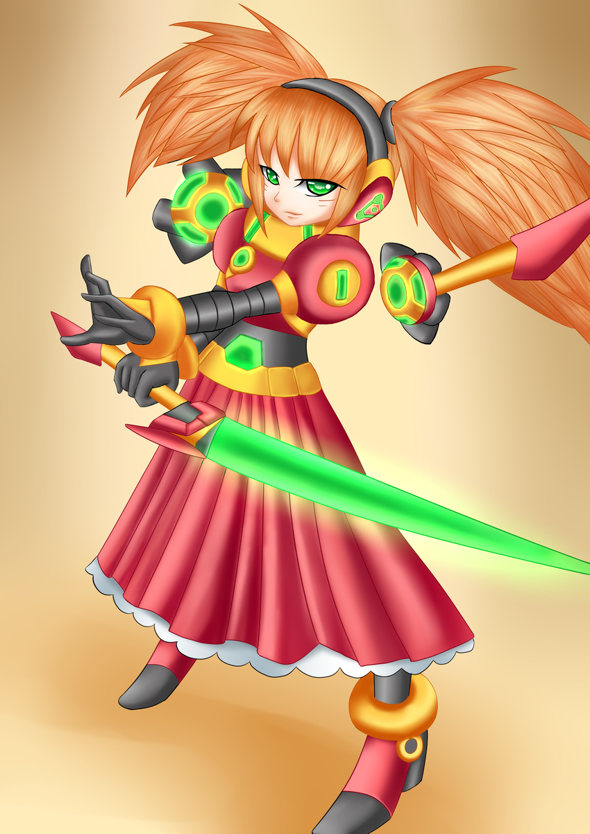 absurdres call_(mighty_no._9) call_d energy_sword green_eyes headphones highres long_hair mighty_no._9 neon_trim orange_hair pleated_skirt robot robot_joints scrunchie skirt solo sword twintails weapon wingrider
