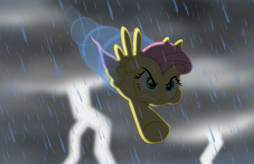 cutie_mark equine female feral fluttershy_(mlp) flying friendship_is_magic fur hair horse lightning mammal my_little_pony pegasus pink_hair pony rain solo wings yellow_fur zacatron94