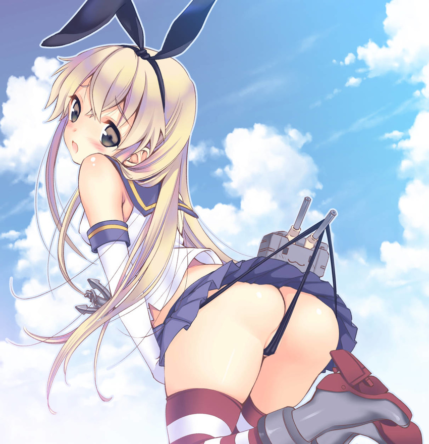 :3 anchor ass bad_id bad_pixiv_id black_panties blonde_hair blush brown_eyes butt_crack cloud day elbow_gloves gloves hair_ornament hairband highres kantai_collection long_hair looking_back open_mouth panties panty_lift rensouhou-chan shimakaze_(kantai_collection) skirt sky solo striped striped_legwear thighhighs thong uk-works underwear white_gloves