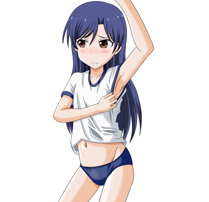 arm_up armpits blue_hair blush brown_eyes buruma embarrassed gym_uniform highres idolmaster idolmaster_(classic) kisaragi_chihaya long_hair looking_away navel simple_background solo takumi_(rozen_garten) white_background